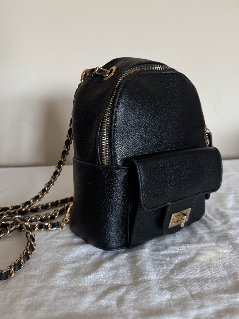 Black “Leather” Mini Backpack with Gold Chain